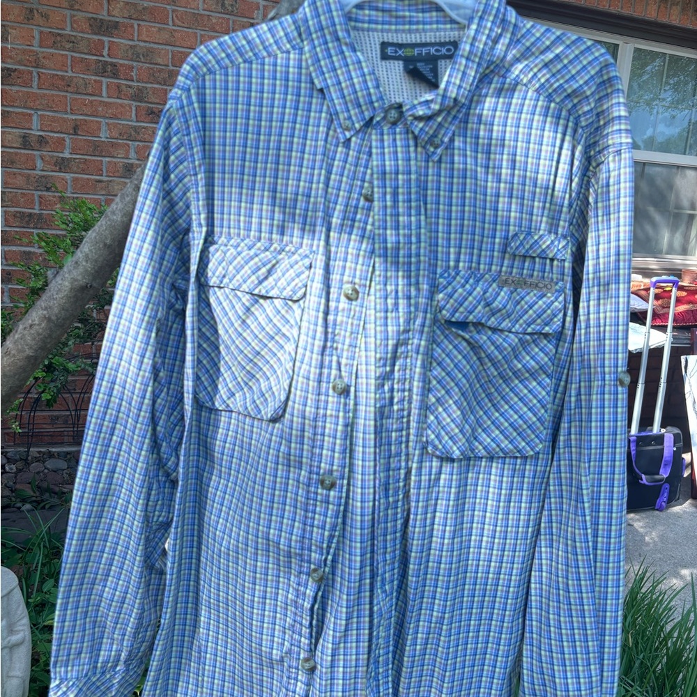 ExOfficio Blue and Green Plaid Shirt